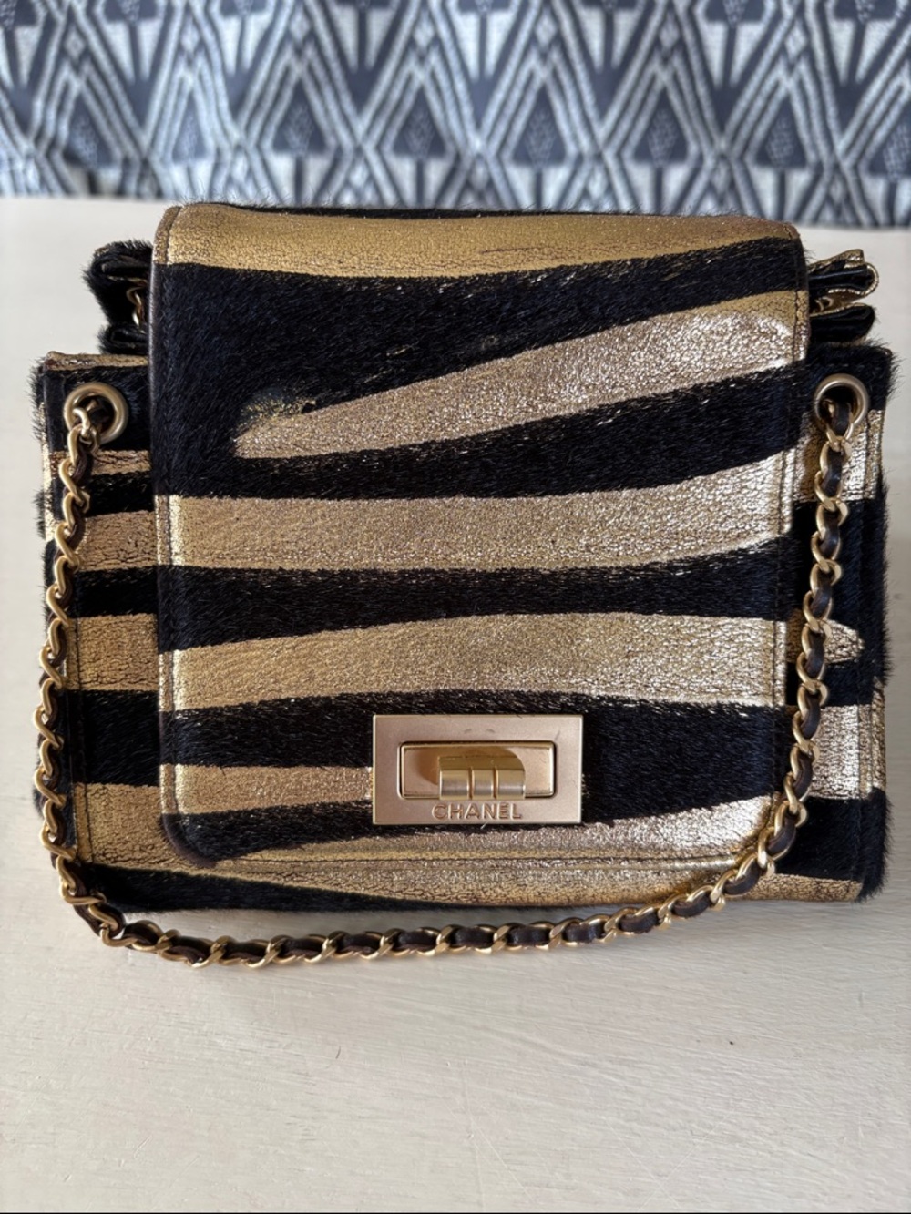 CHANEL Metallic Zebra Mini Shoulder Bag in Gold and Black